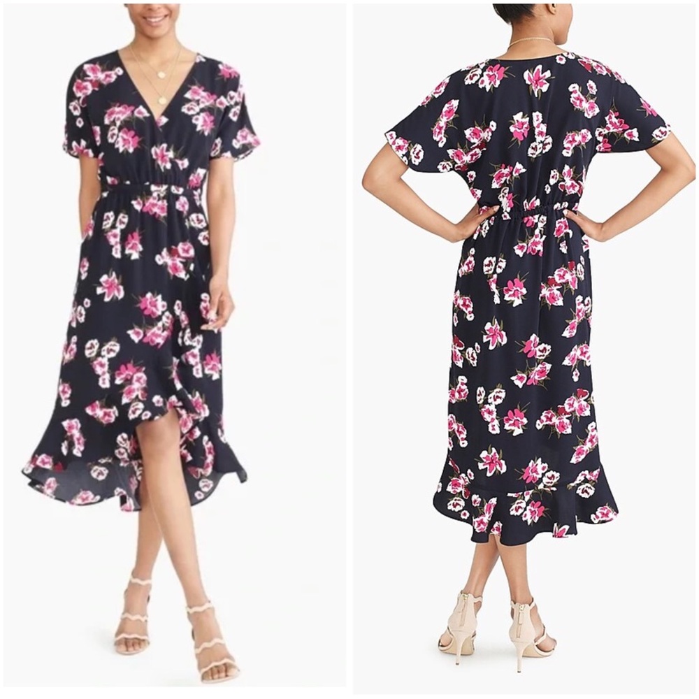 J. Crew  Faux Wrap V Neck High-Low Navy Floral MIDI Short Sleeve Dress XS